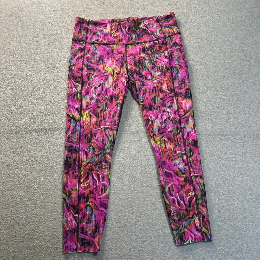 Lululemon High Rise Leggings Womens 14 Pink Purple Abstract Yoga Athletic Pocket